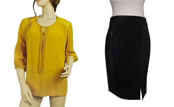 Tenue femme chemisier jaune et jupe droite noire